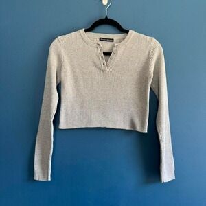 Brandy Melville Gray Crop Sweater Women's Size Small 100% Cotton Henley Minimal